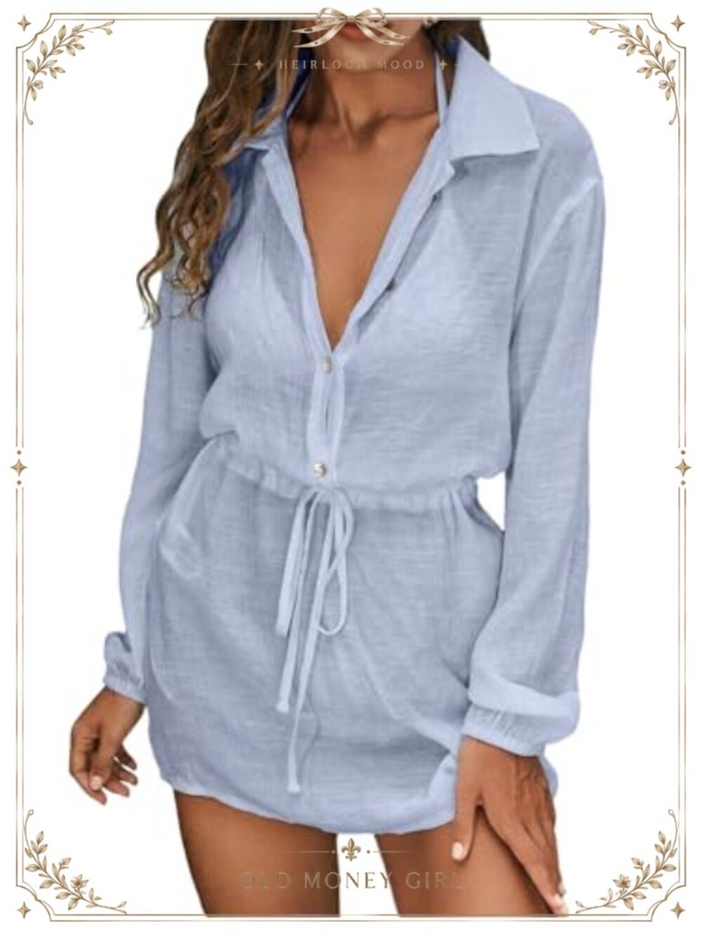 Cozyease Women's Collared Button Down Long Sleeve Mini Beach Dress Cover-Up